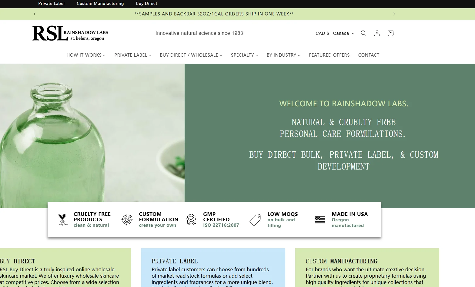 Homepage of Rainshadow Labs featuring a green bottle and text about cruelty-free personal care formulations.